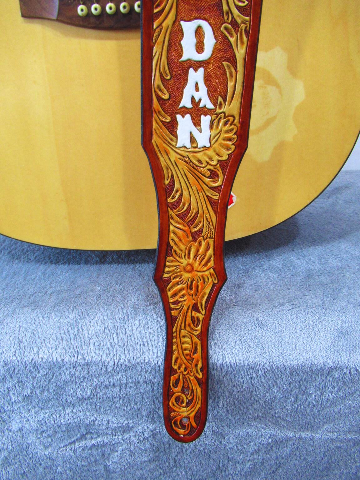 Hand Tooled Leather Guitar Strap – Personalized Name, Bass Banjo Accessory