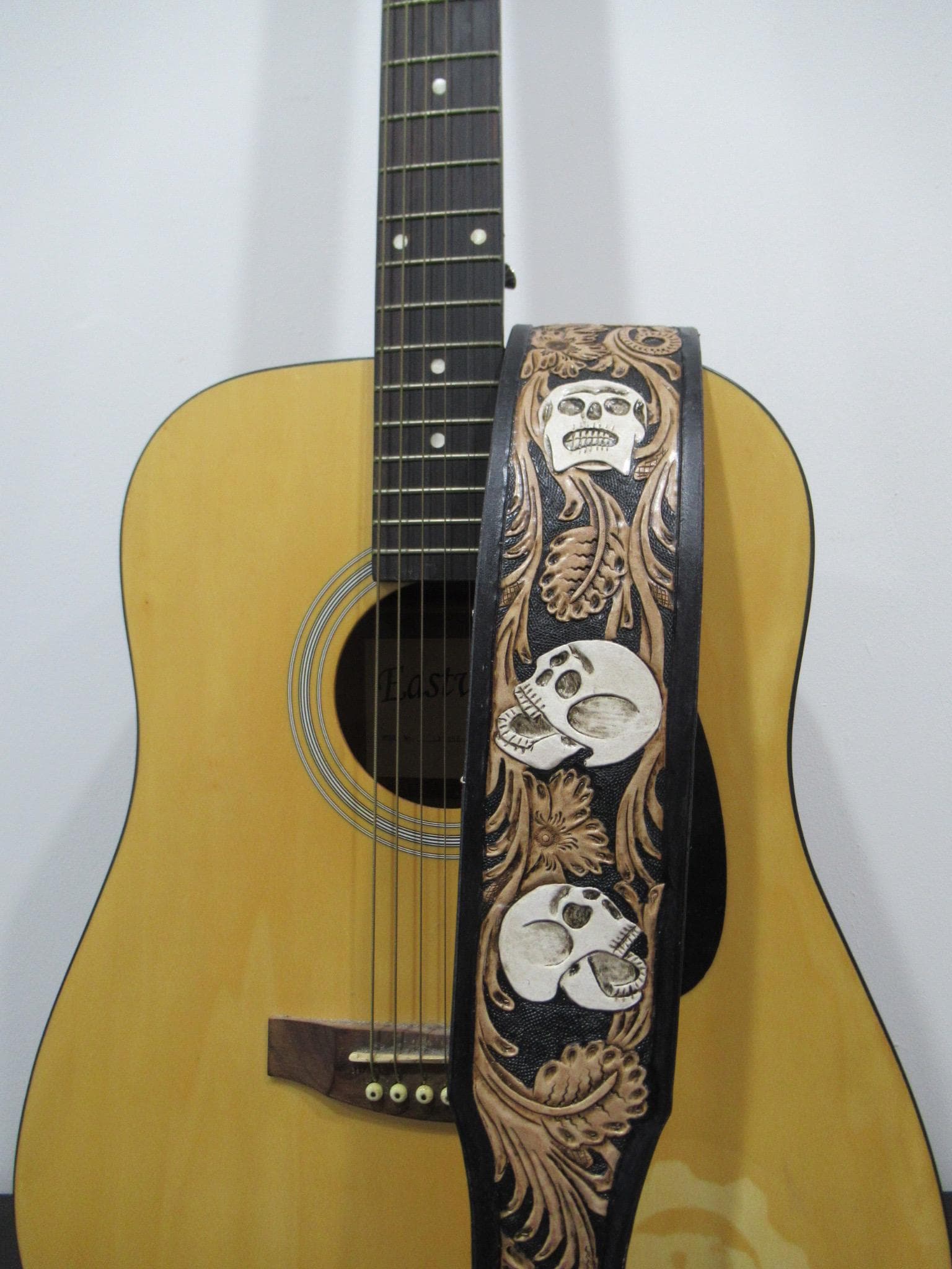 Handmade Leather Tooled Skull Guitar Strap or Bass Strap