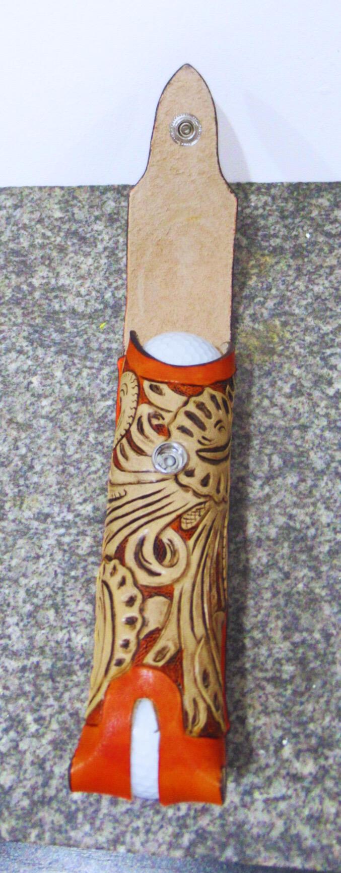 Leather Golf Ball Holder - Hand Made Golfer Gift - Tooled/Carved Leather