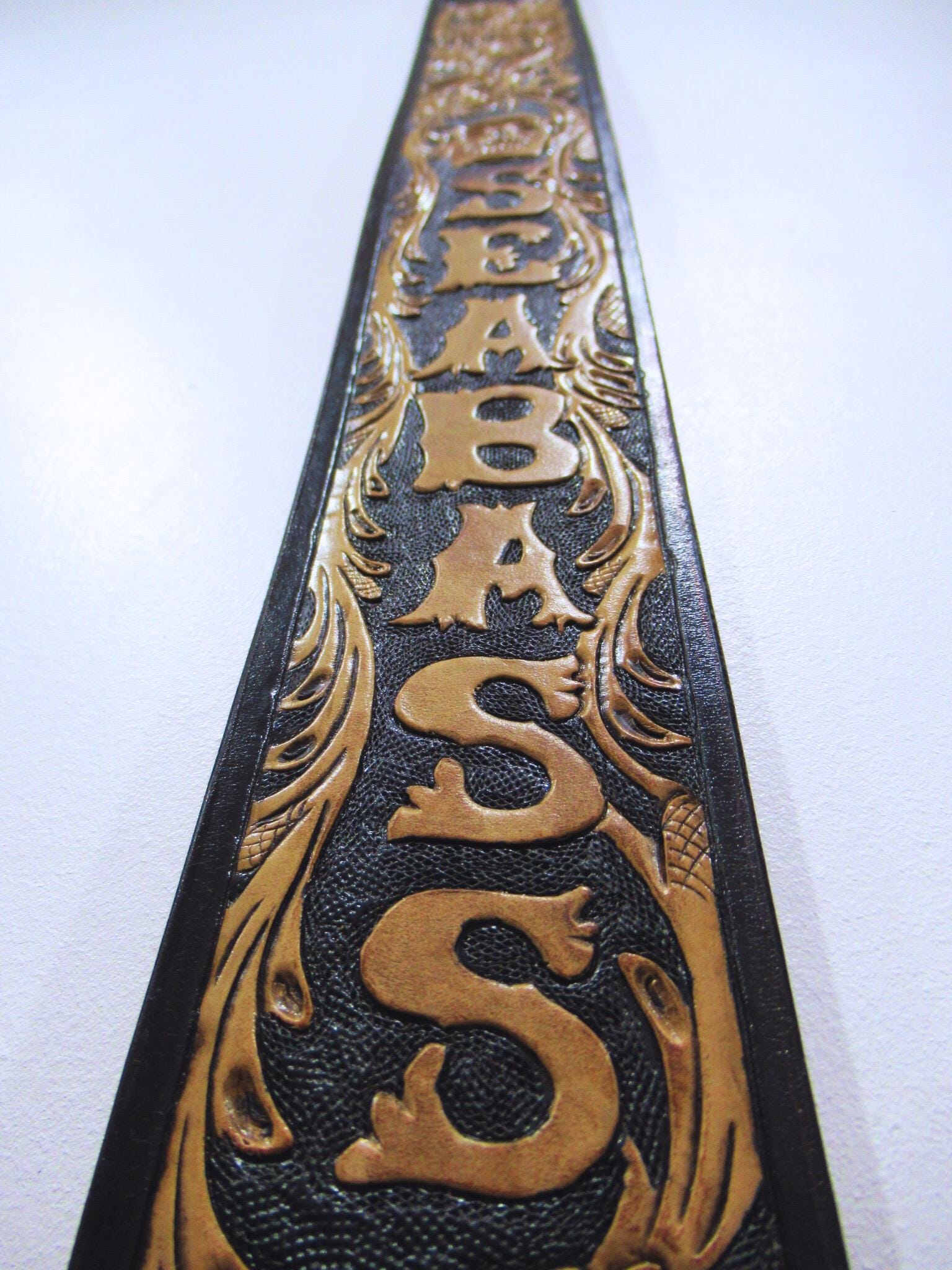 Hand Tooled Leather Guitar Strap – Personalized Name, Bass Banjo Accessory