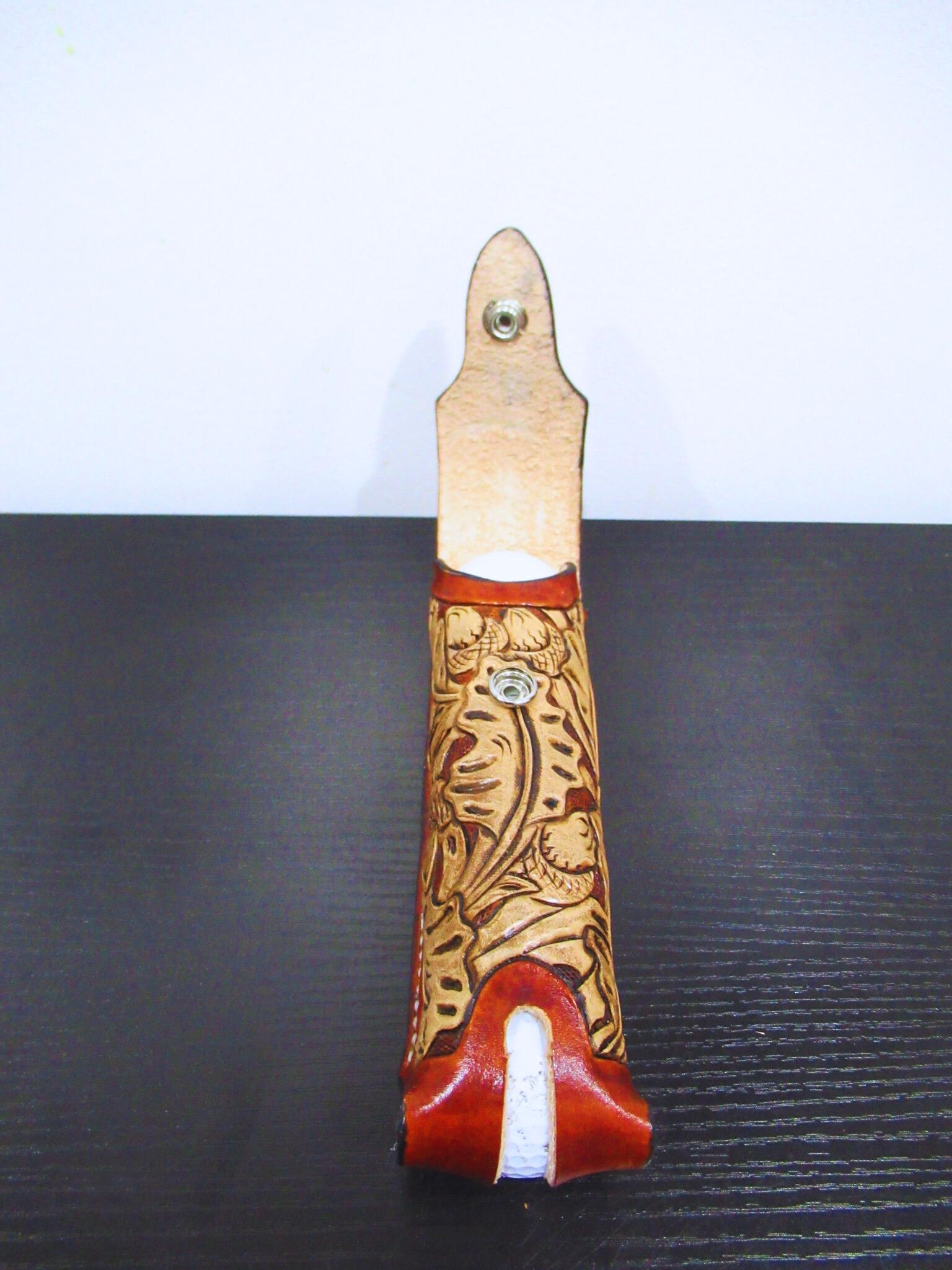 Leather Golf Ball Holder - Hand Made Golfer Gift - Tooled/Carved Leather - Tan