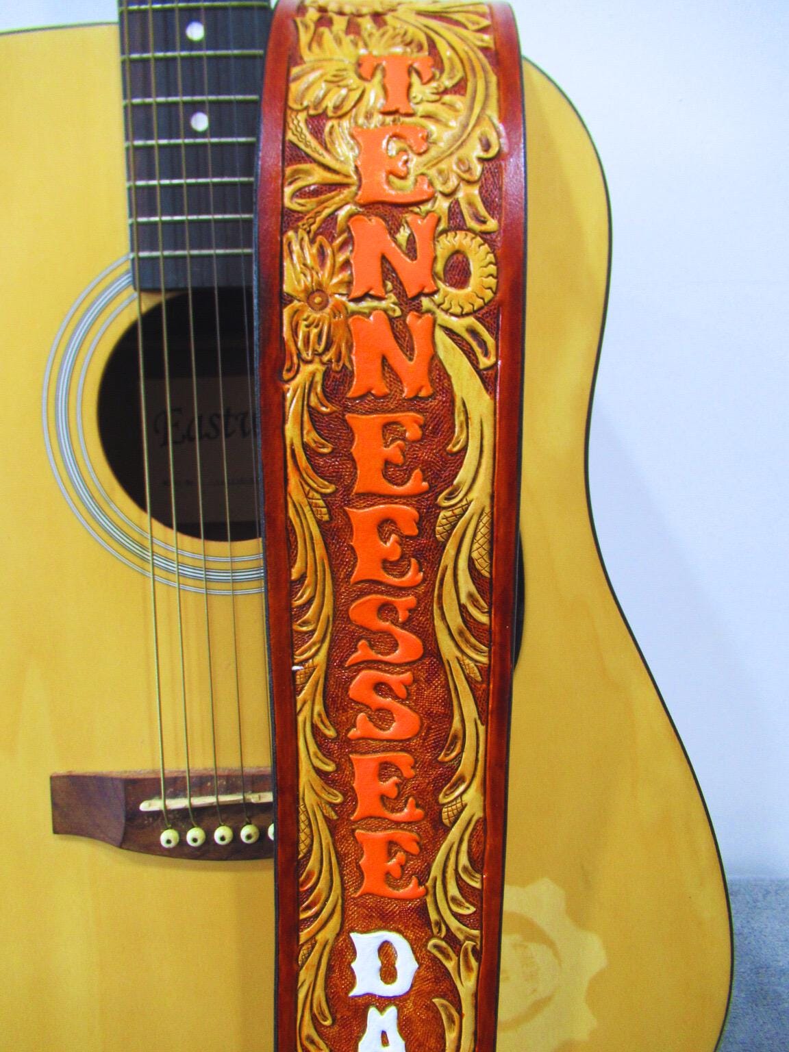 Hand Tooled Leather Guitar Strap – Personalized Name, Bass Banjo Accessory
