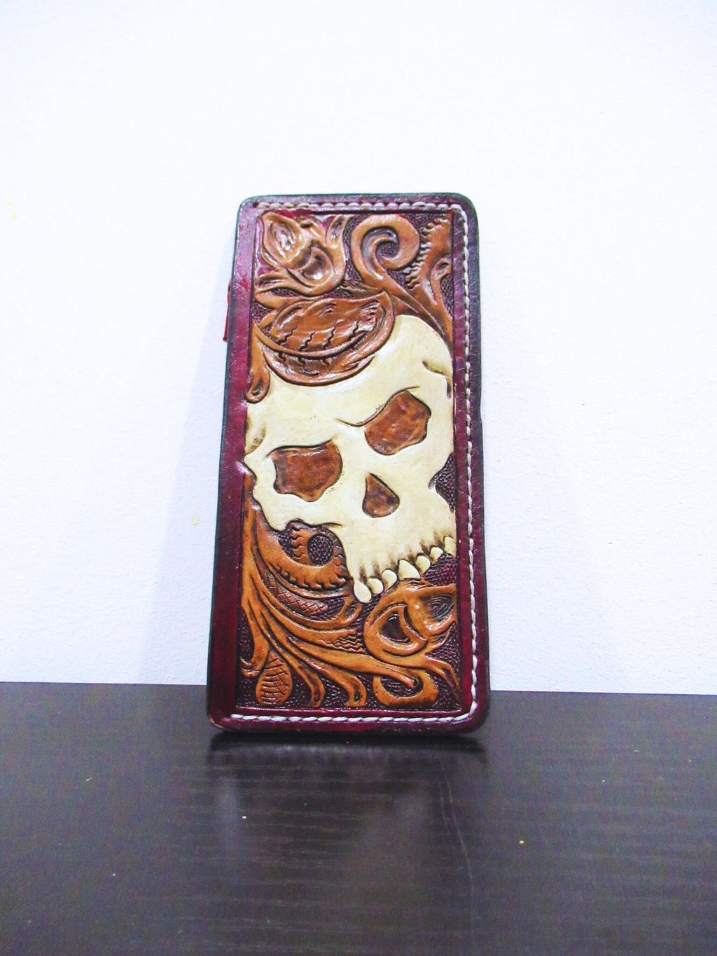 Handmade Leather Tooled Skull Purse Card Holder - Red