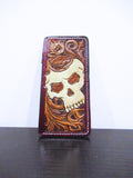 Handmade Leather Tooled Skull Purse Card Holder - Red