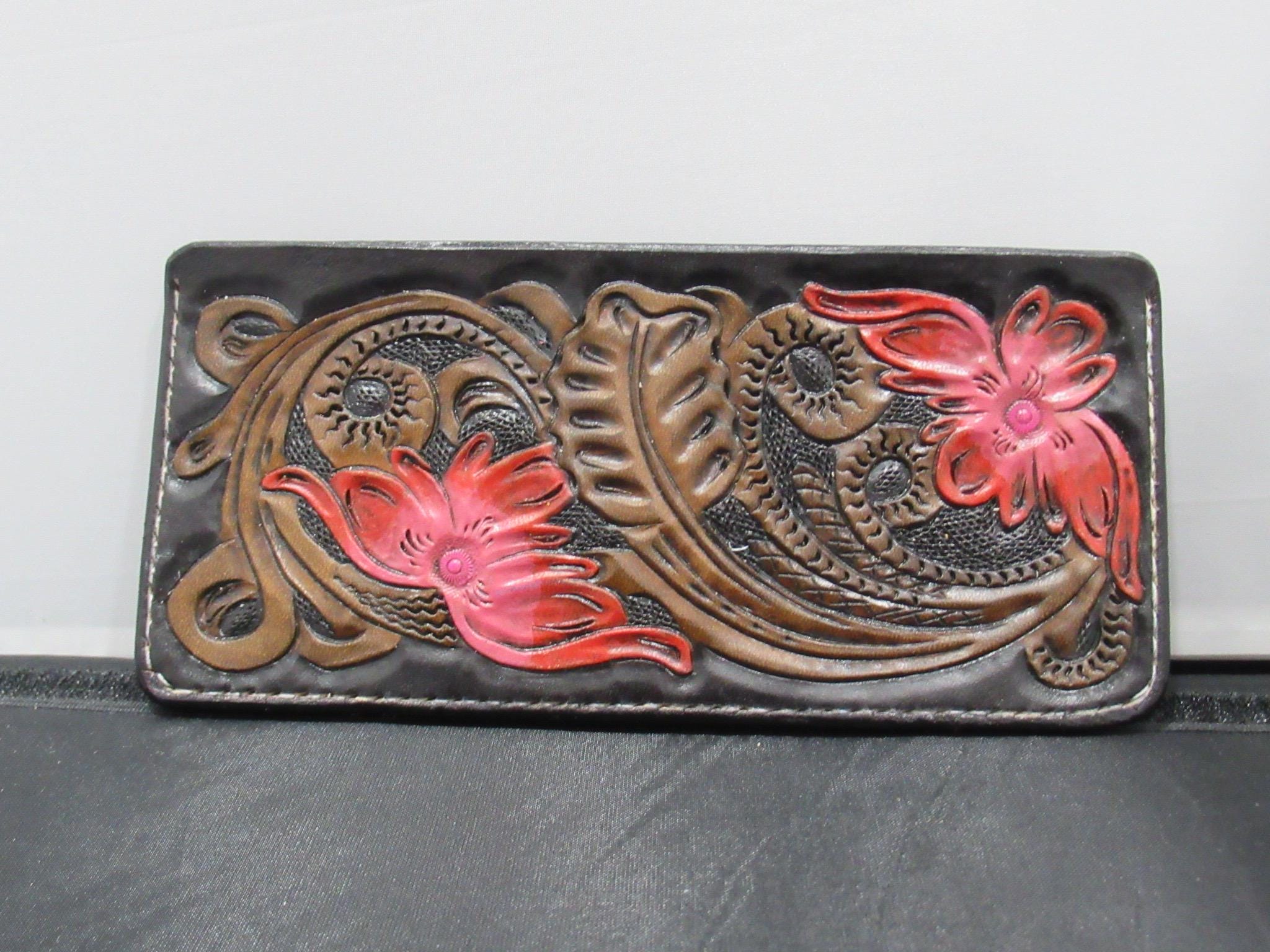 Handmade Leather Tooled Floral Purse - Black