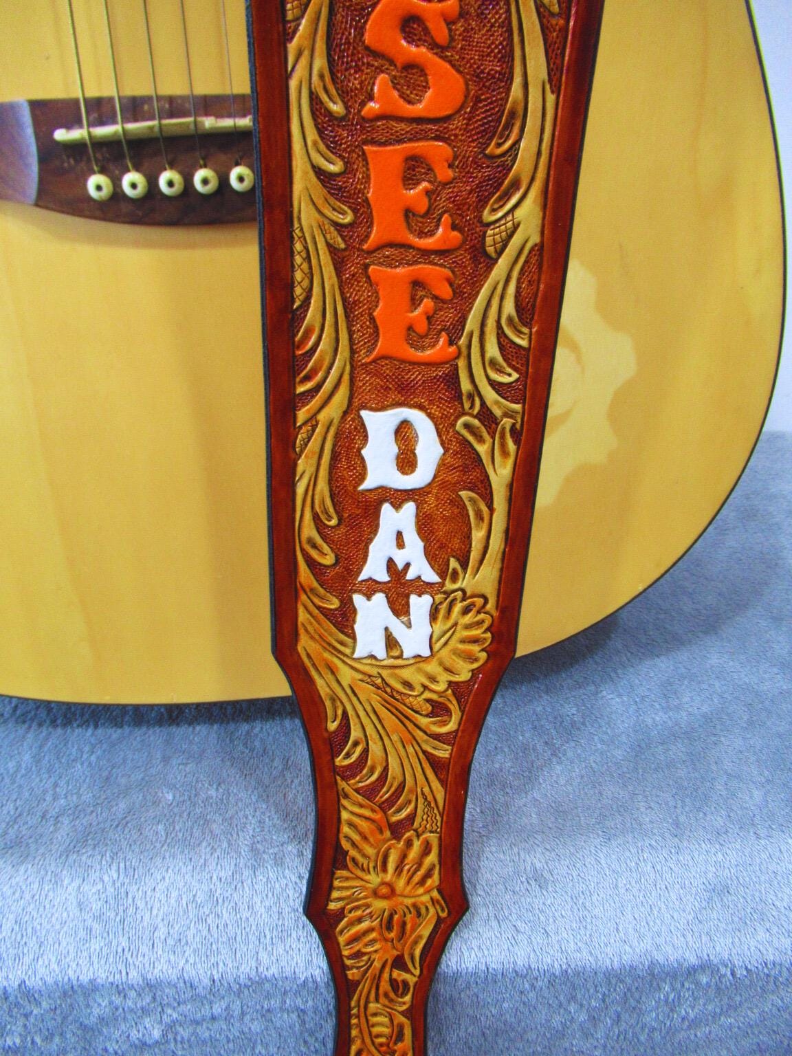 Hand Tooled Leather Guitar Strap – Personalized Name, Bass Banjo Accessory