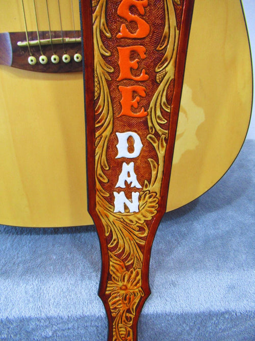 Hand Tooled Leather Guitar Strap – Personalized Name, Bass Banjo Accessory