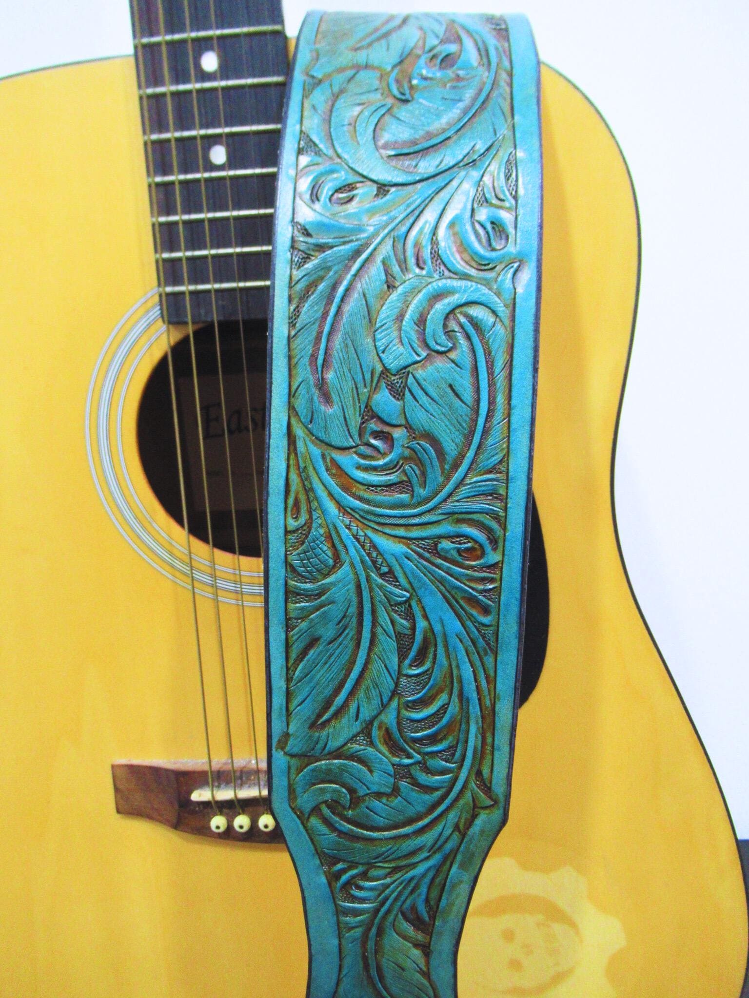 Handmade Leather Tooled Feather Guitar  Strap or Banjo Strap