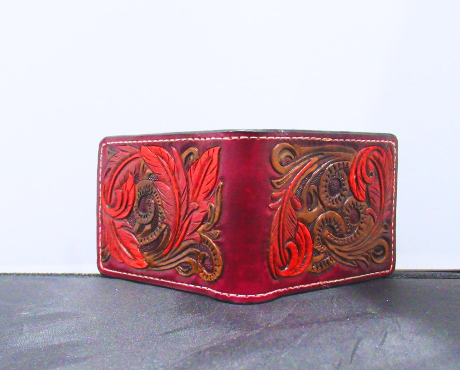 Handmade Leather Tooled Bifold Feather Wallet Dark Red