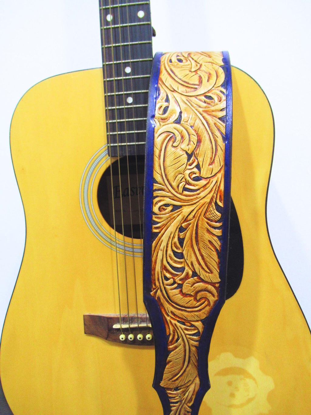 Handmade Leather Tooled Feather Guitar  Strap or Banjo Strap