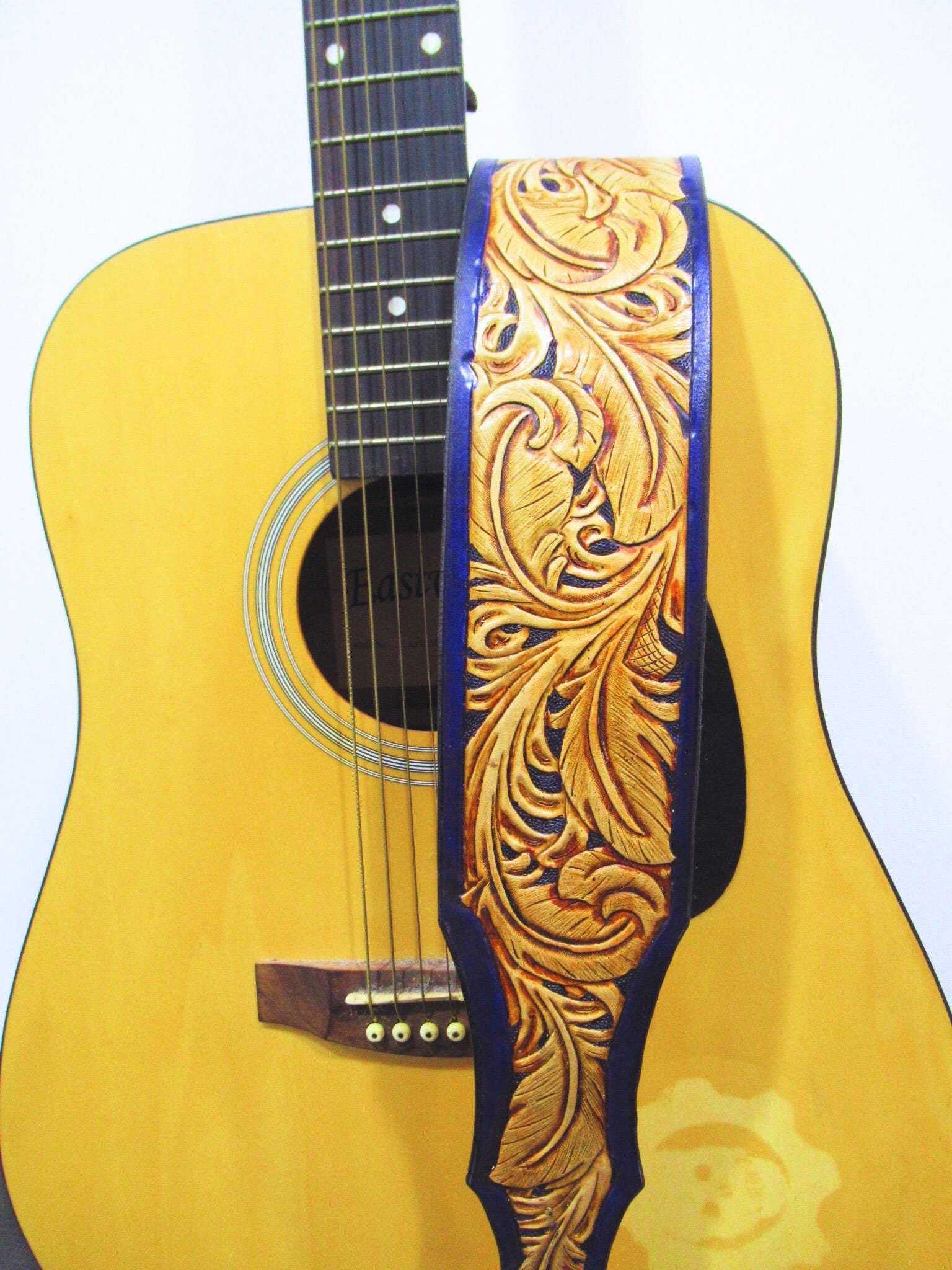 Handmade Leather Tooled Feather Guitar  Strap or Banjo Strap