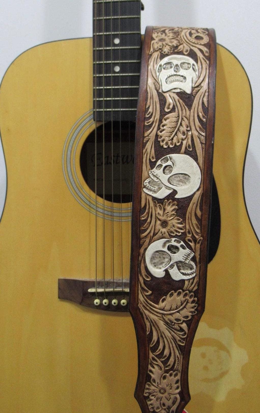 Handmade Leather Tooled Skull Guitar Strap or Bass Strap