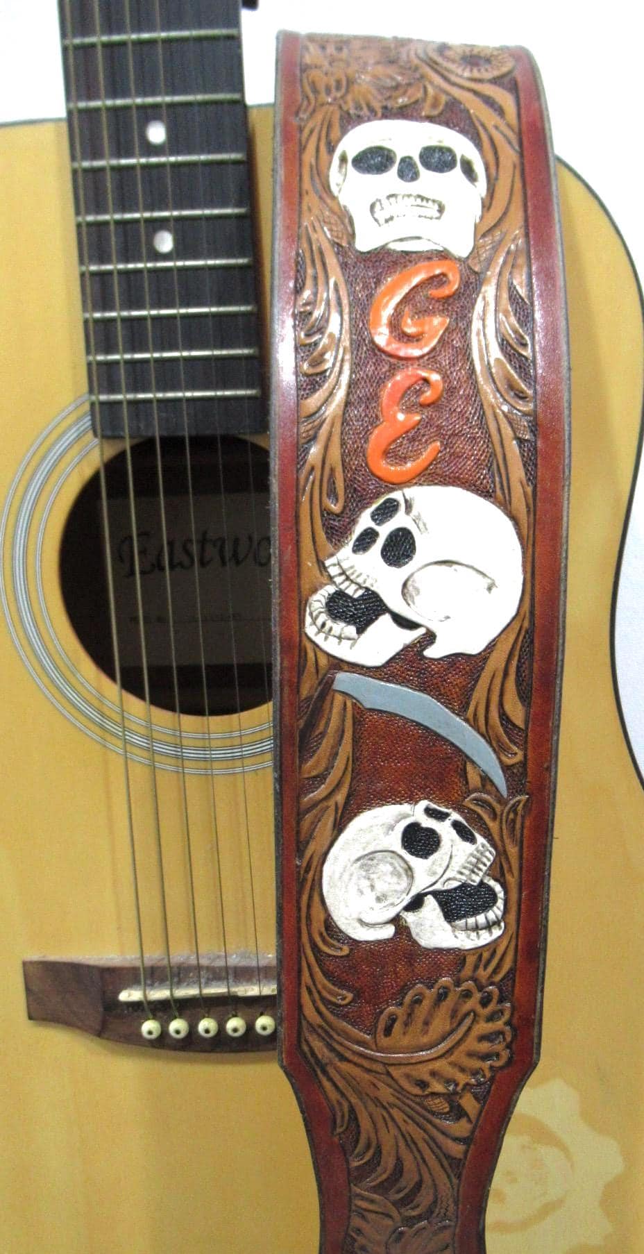 Handmade Leather Tooled Skull Guitar Strap or Bass Strap