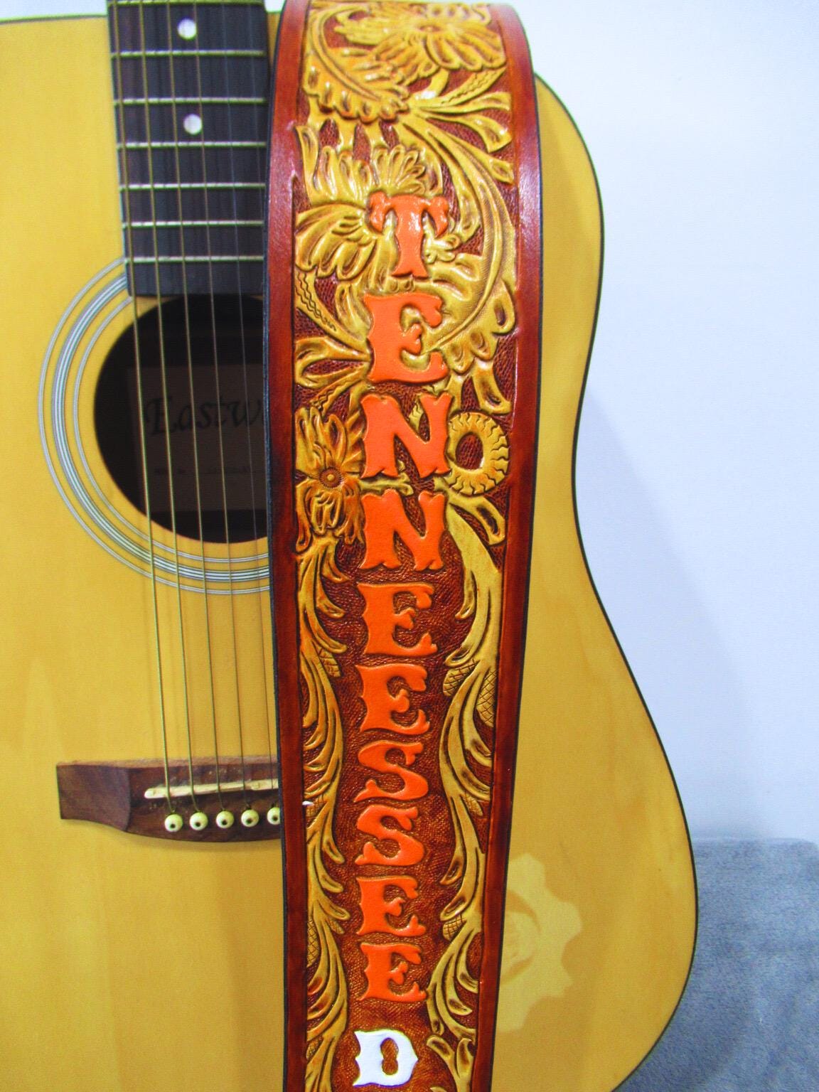 Hand Tooled Leather Guitar Strap – Personalized Name, Bass Banjo Accessory