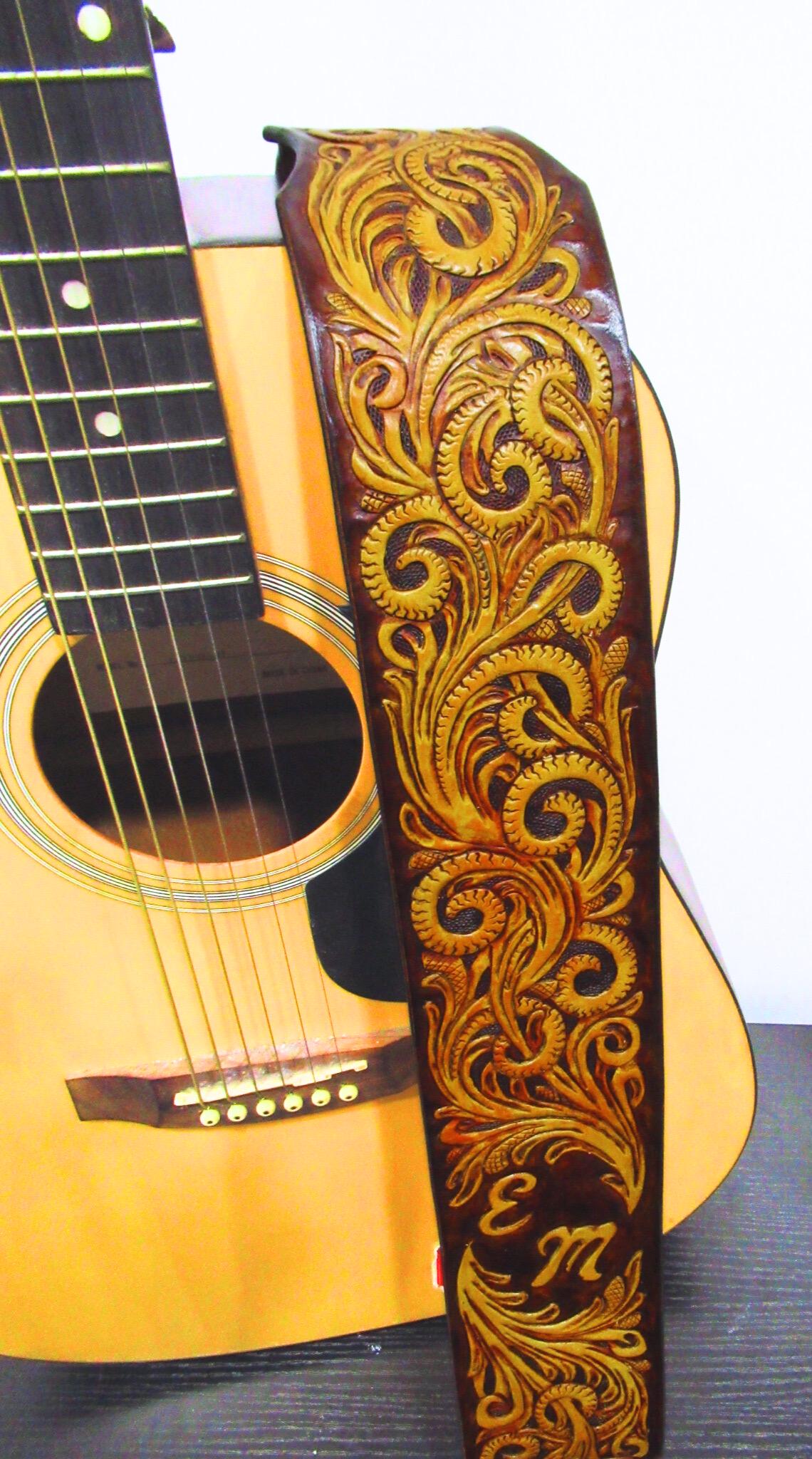 Handmade Leather Tooled Guitar Strap or Bass Strap