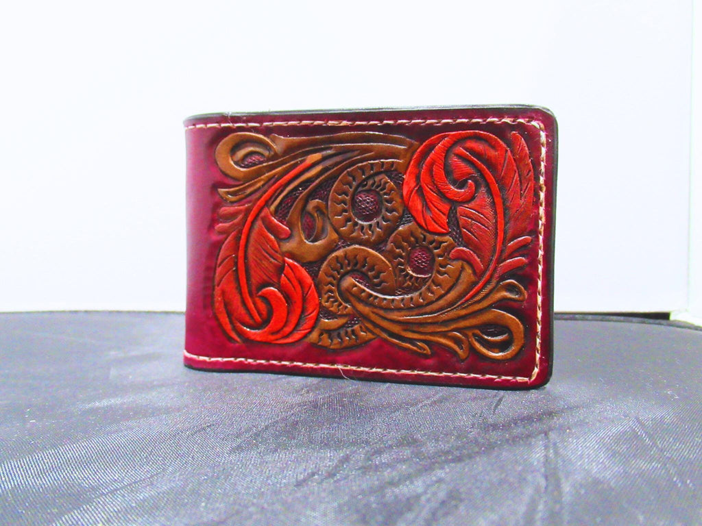 Handmade Leather Tooled Bifold Feather Wallet Dark Red