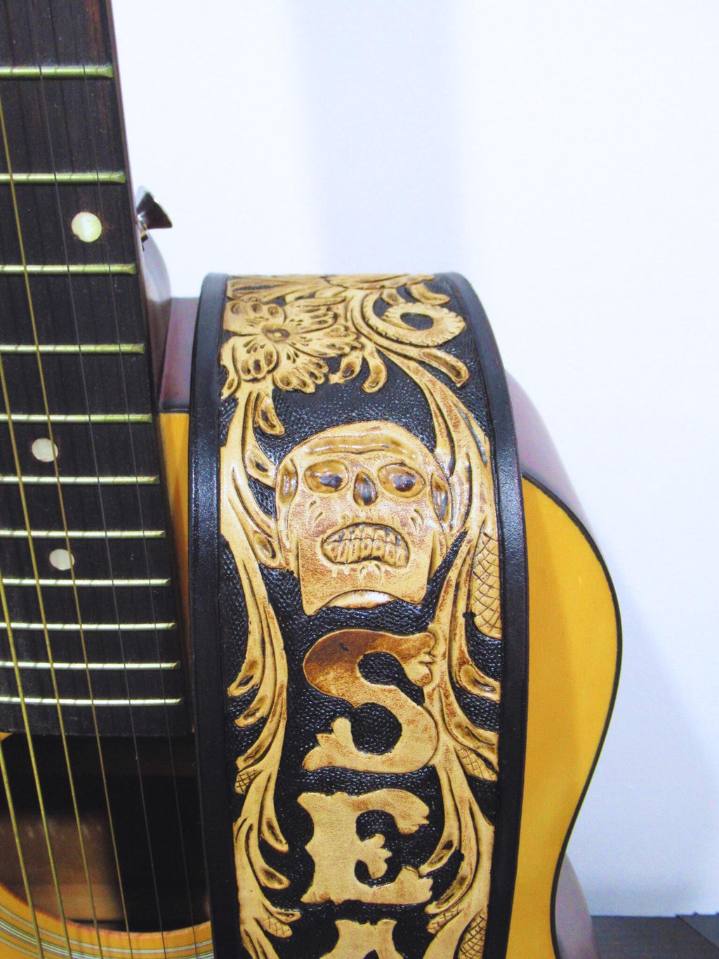 Hand Tooled Leather Guitar Strap – Personalized Name, Bass Banjo Accessory