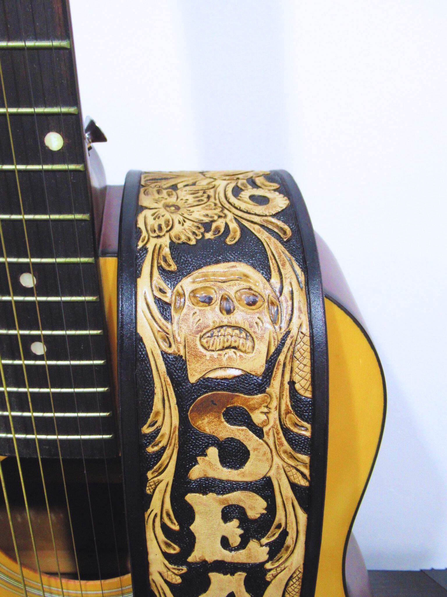 Hand Tooled Leather Guitar Strap – Personalized Name, Bass Banjo Accessory
