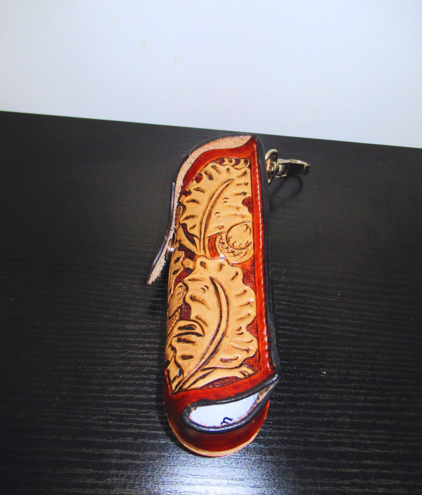 Leather Golf Ball Holder - Hand Made Golfer Gift - Tooled/Carved Leather - Tan