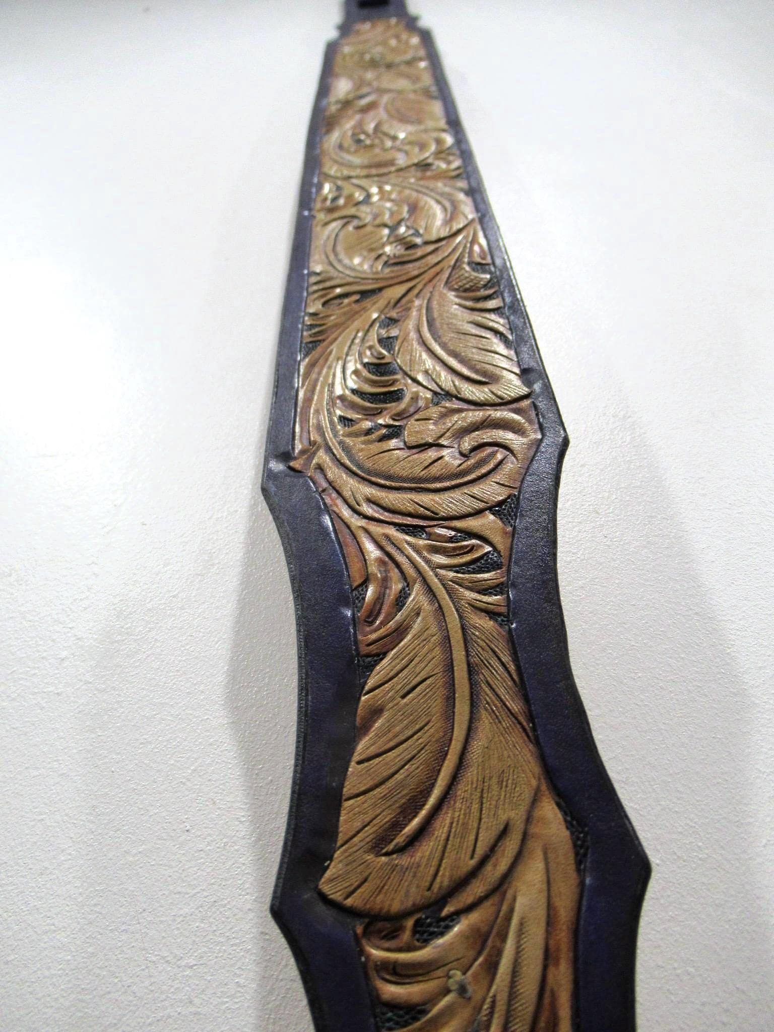 Handmade Leather Tooled Feather Guitar strap or Bass Strap Purple