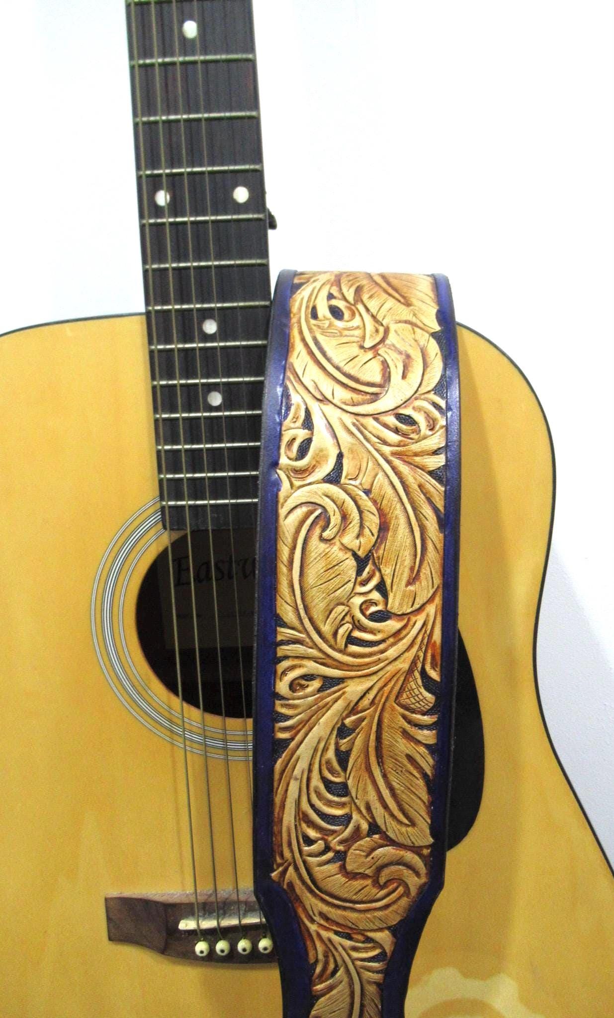 Handmade Leather Tooled Feather Guitar strap or Bass Strap Purple