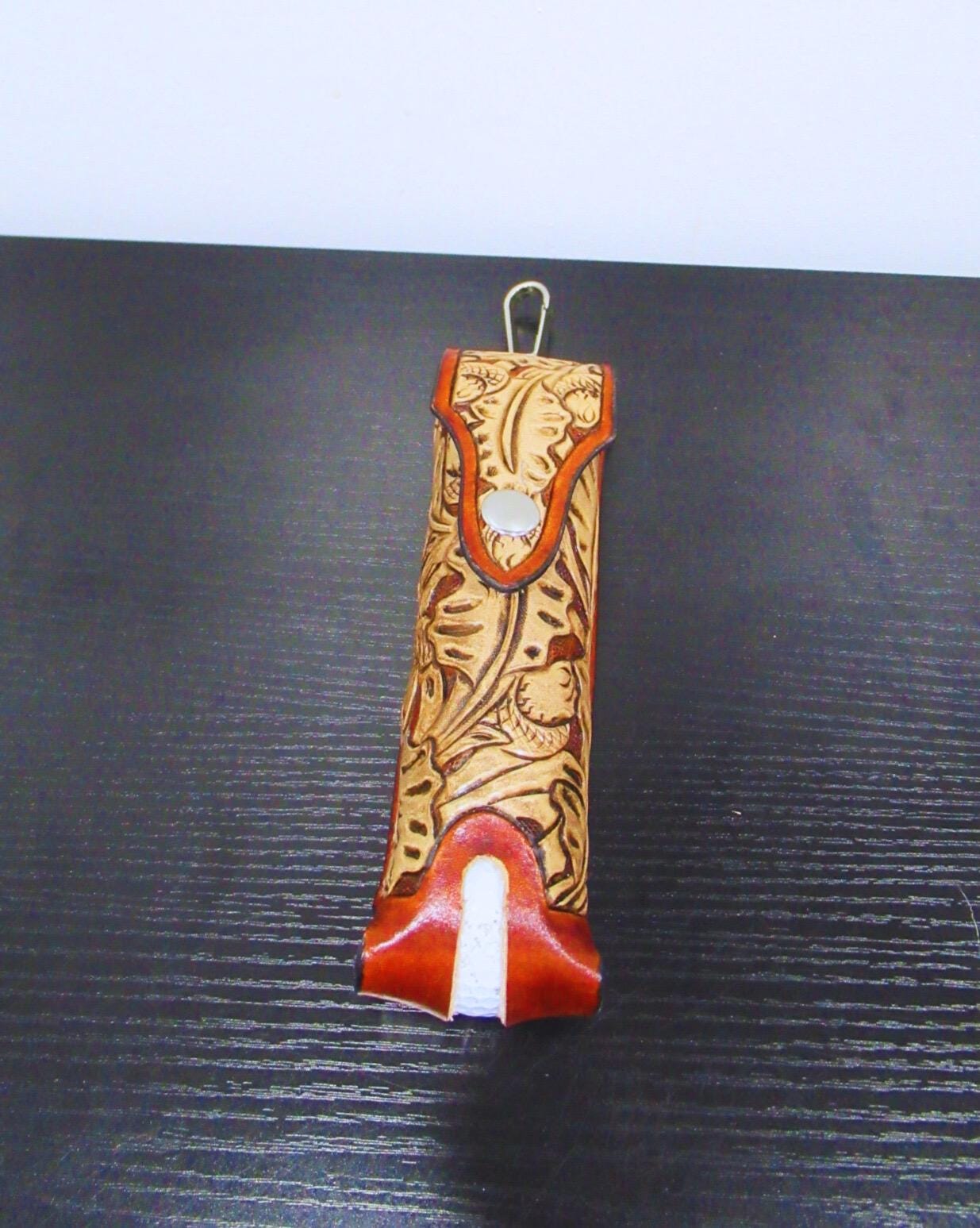 Leather Golf Ball Holder - Hand Made Golfer Gift - Tooled/Carved Leather - Tan
