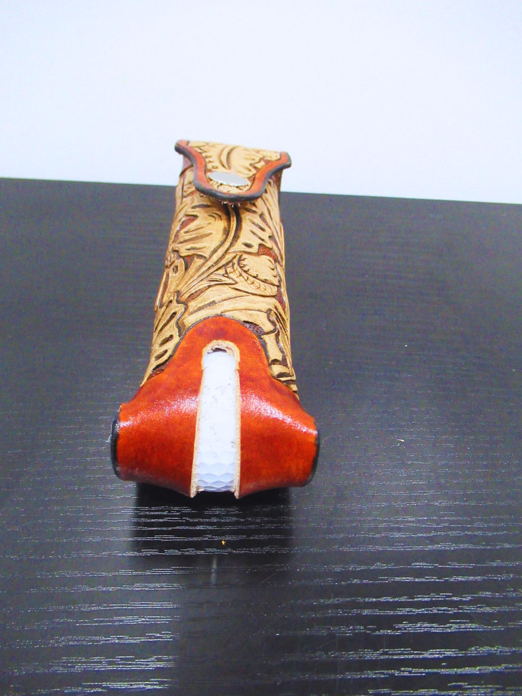 Leather Golf Ball Holder - Hand Made Golfer Gift - Tooled/Carved Leather - Tan