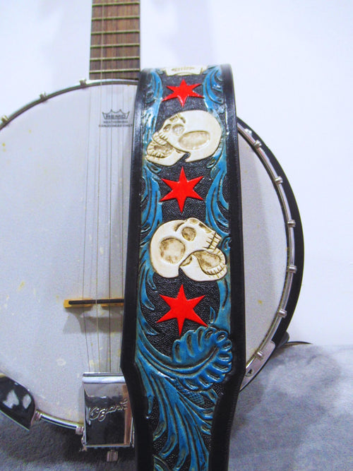 Custom Handmade Leather Tooled Adjustable Skull Banjo Strap