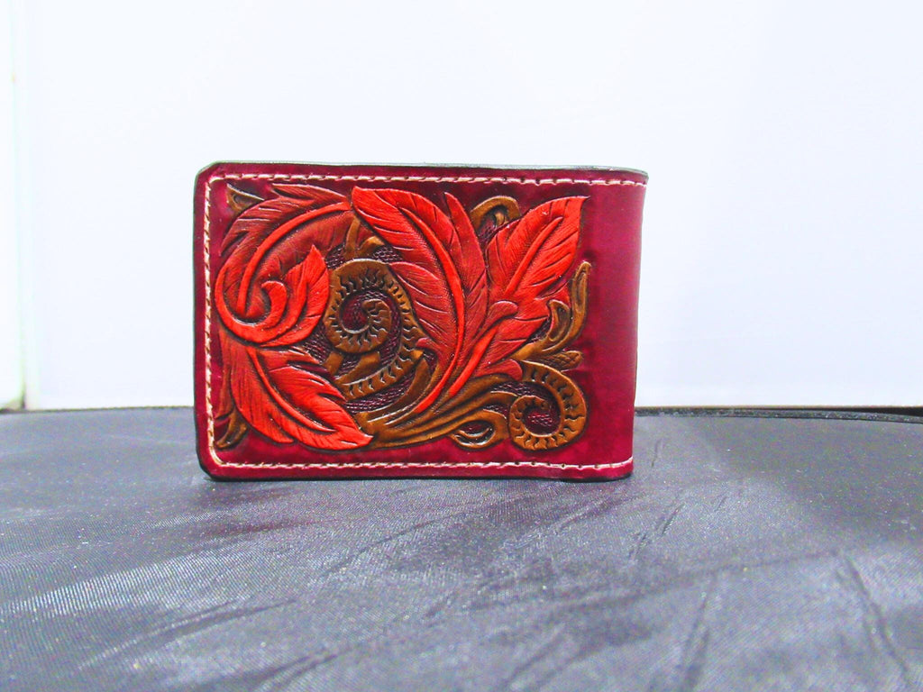 Handmade Leather Tooled Bifold Feather Wallet Dark Red