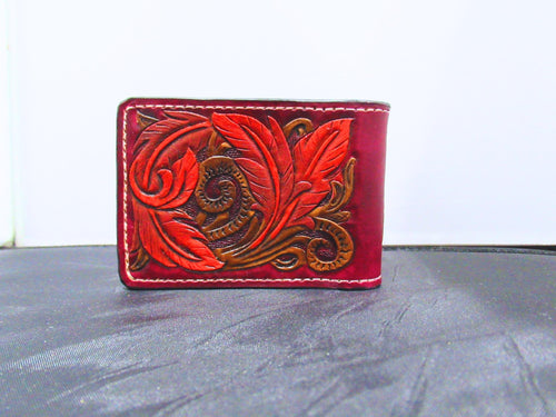 Handmade Leather Tooled Bifold Feather Wallet Dark Red