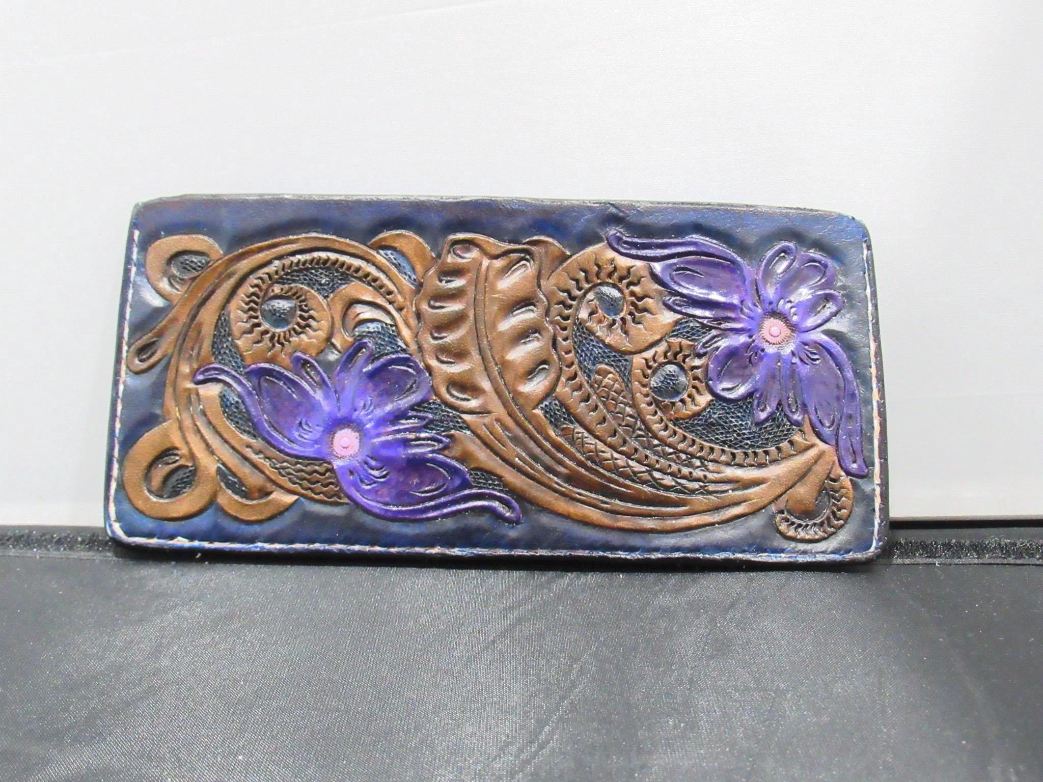 Handmade Leather Tooled Floral Purse - Navy Blue