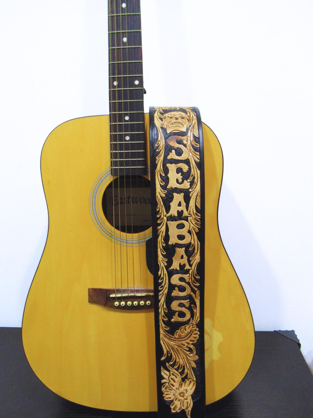 Hand Tooled Leather Guitar Strap – Personalized Name, Bass Banjo Accessory