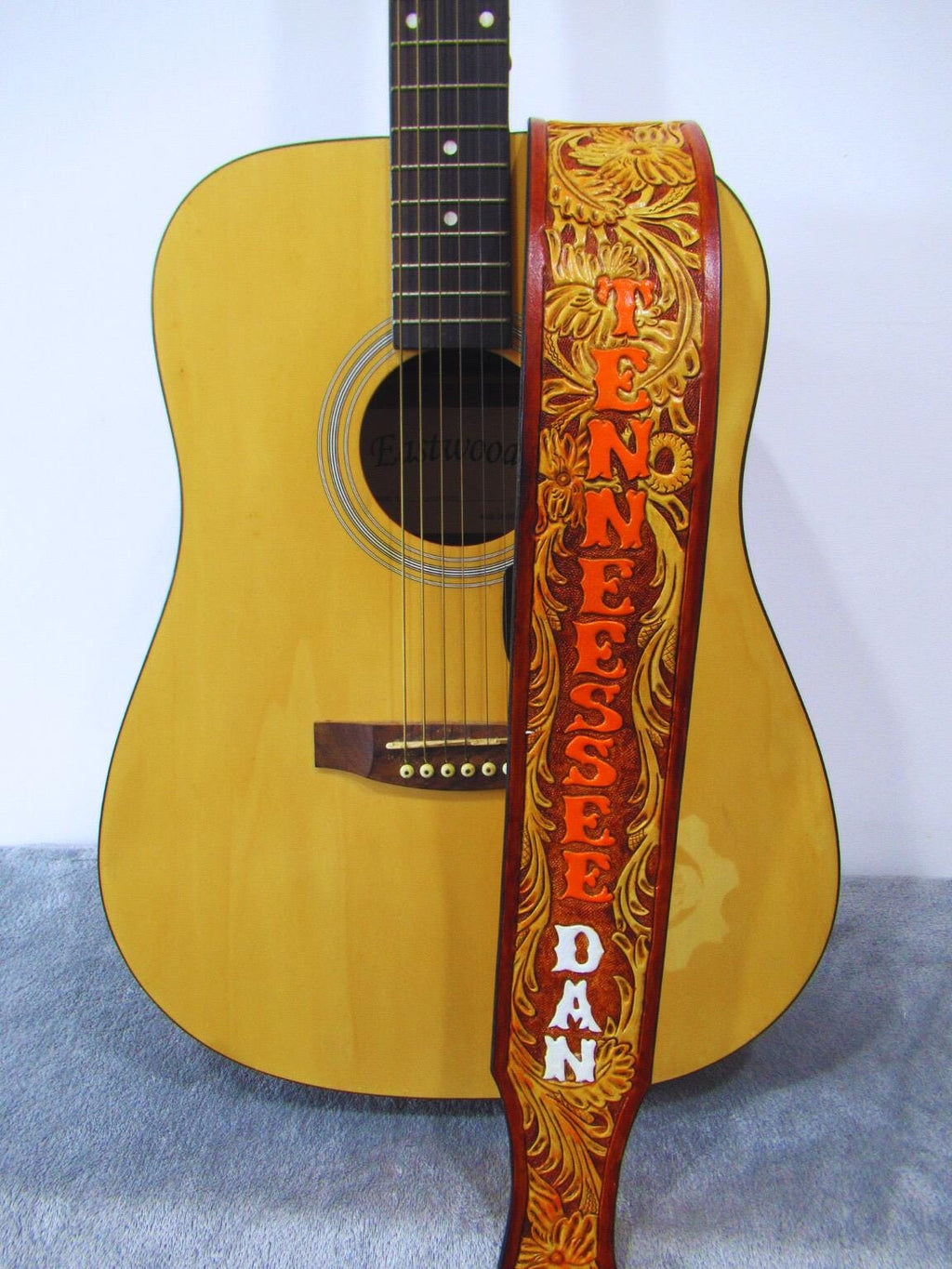 Hand Tooled Leather Guitar Strap – Personalized Name, Bass Banjo Accessory