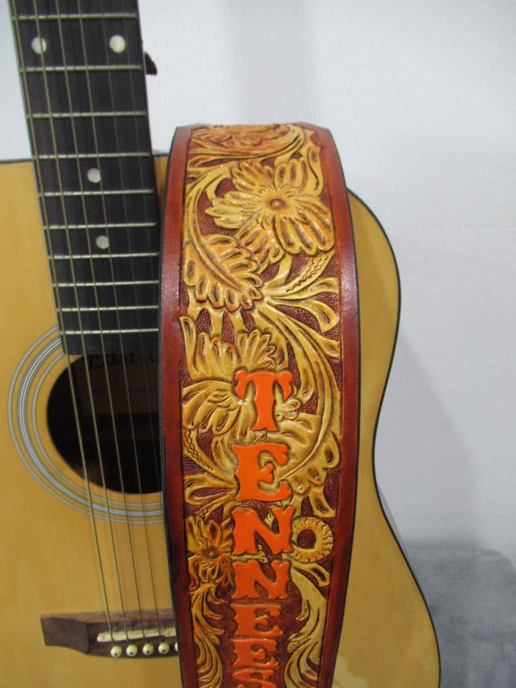 Hand Tooled Leather Guitar Strap – Personalized Name, Bass Banjo Accessory