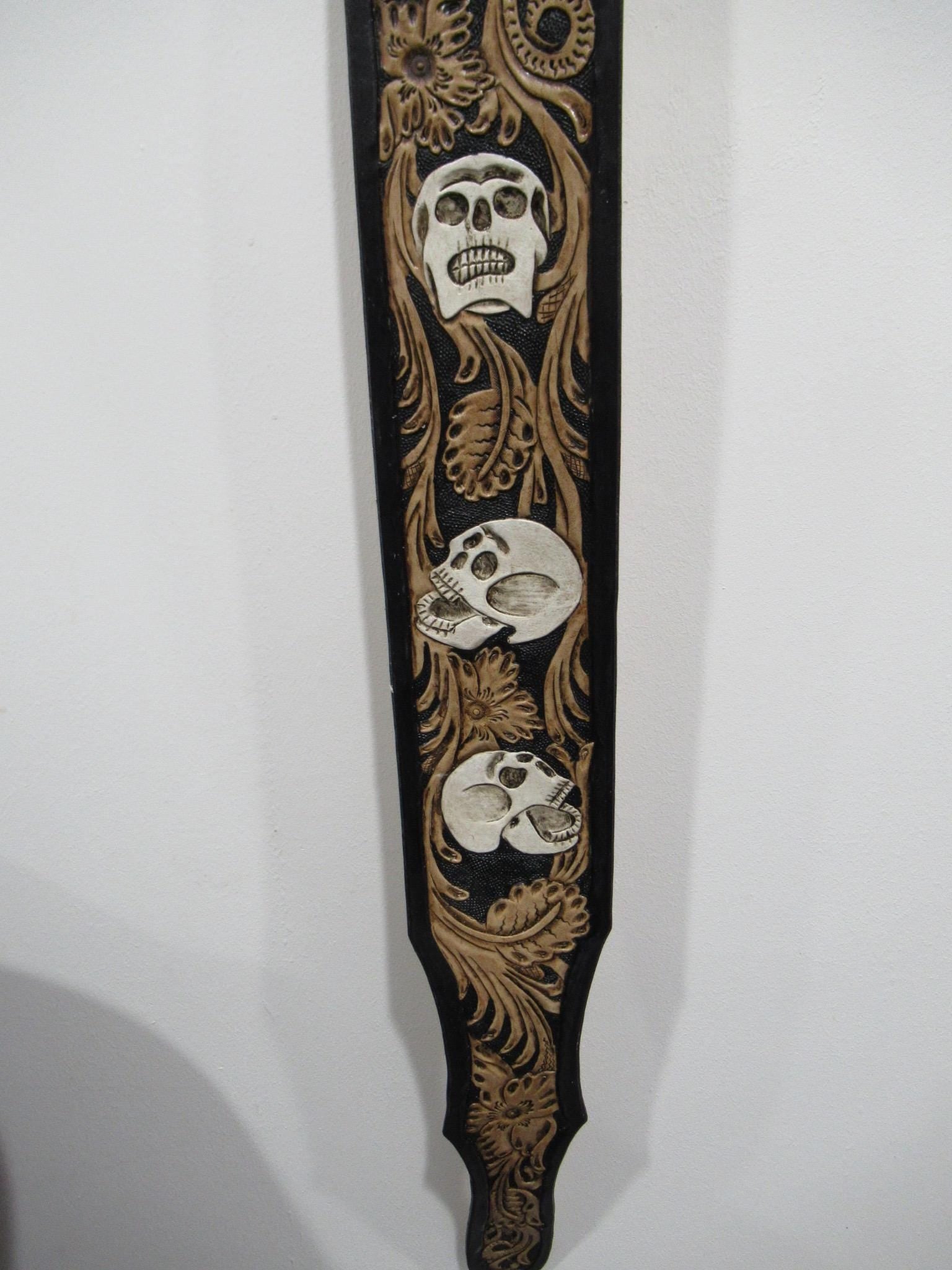 Handmade Leather Tooled Skull Guitar Strap or Bass Strap