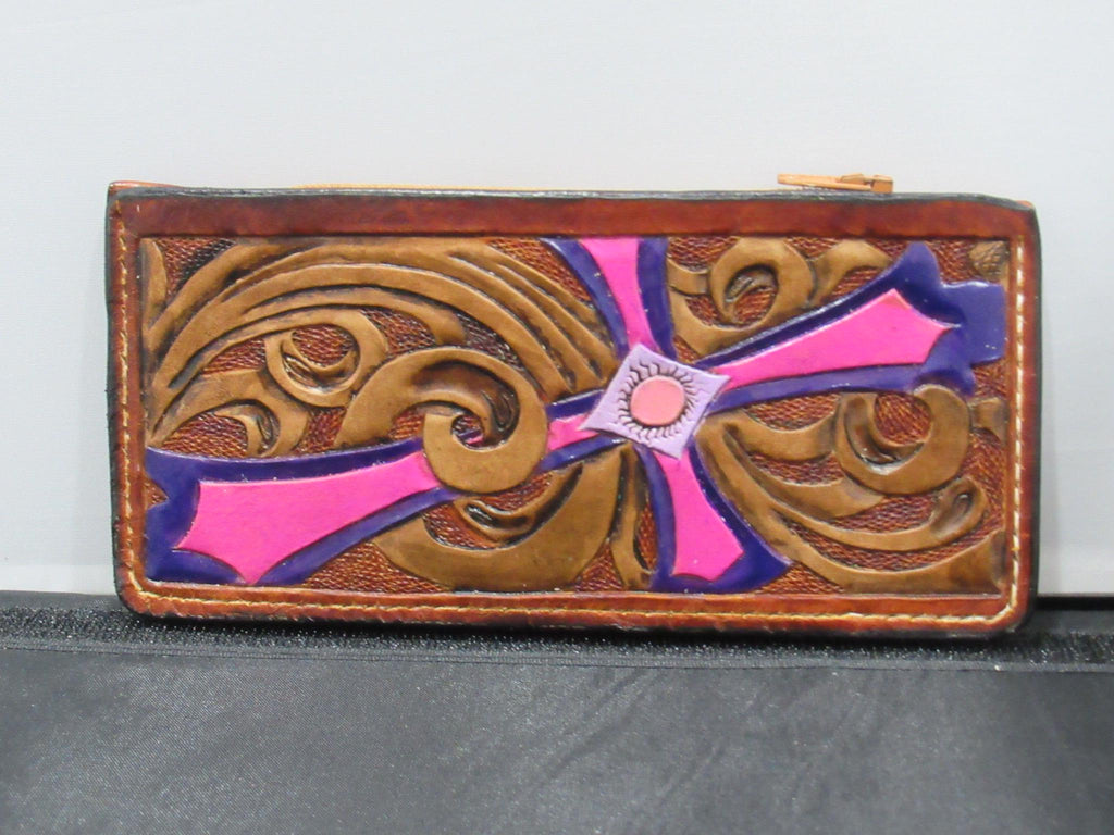 Handmade Leather Tooled Cross Purse - Tan
