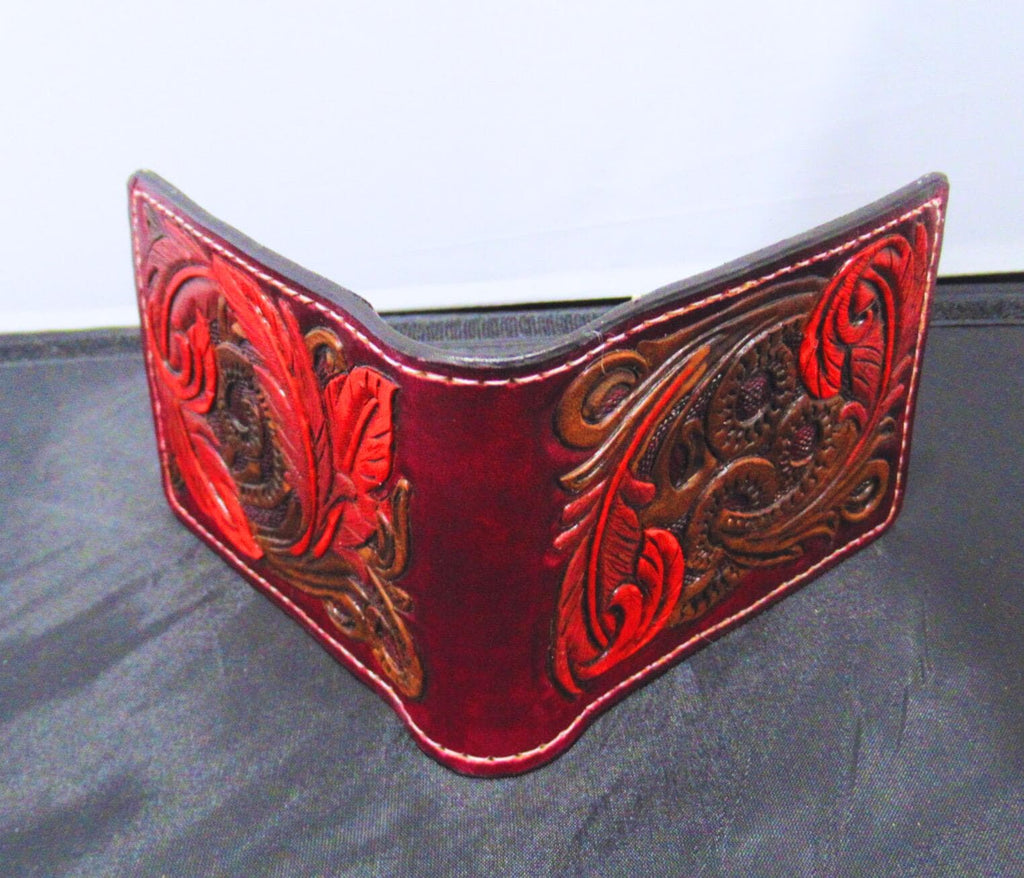 Handmade Leather Tooled Bifold Feather Wallet Dark Red