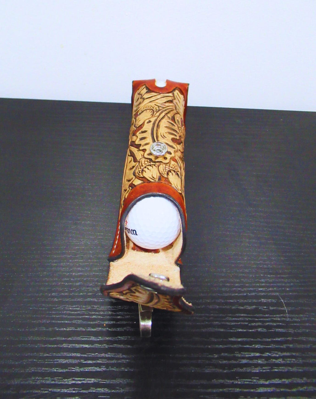 Leather Golf Ball Holder - Hand Made Golfer Gift - Tooled/Carved Leather - Tan