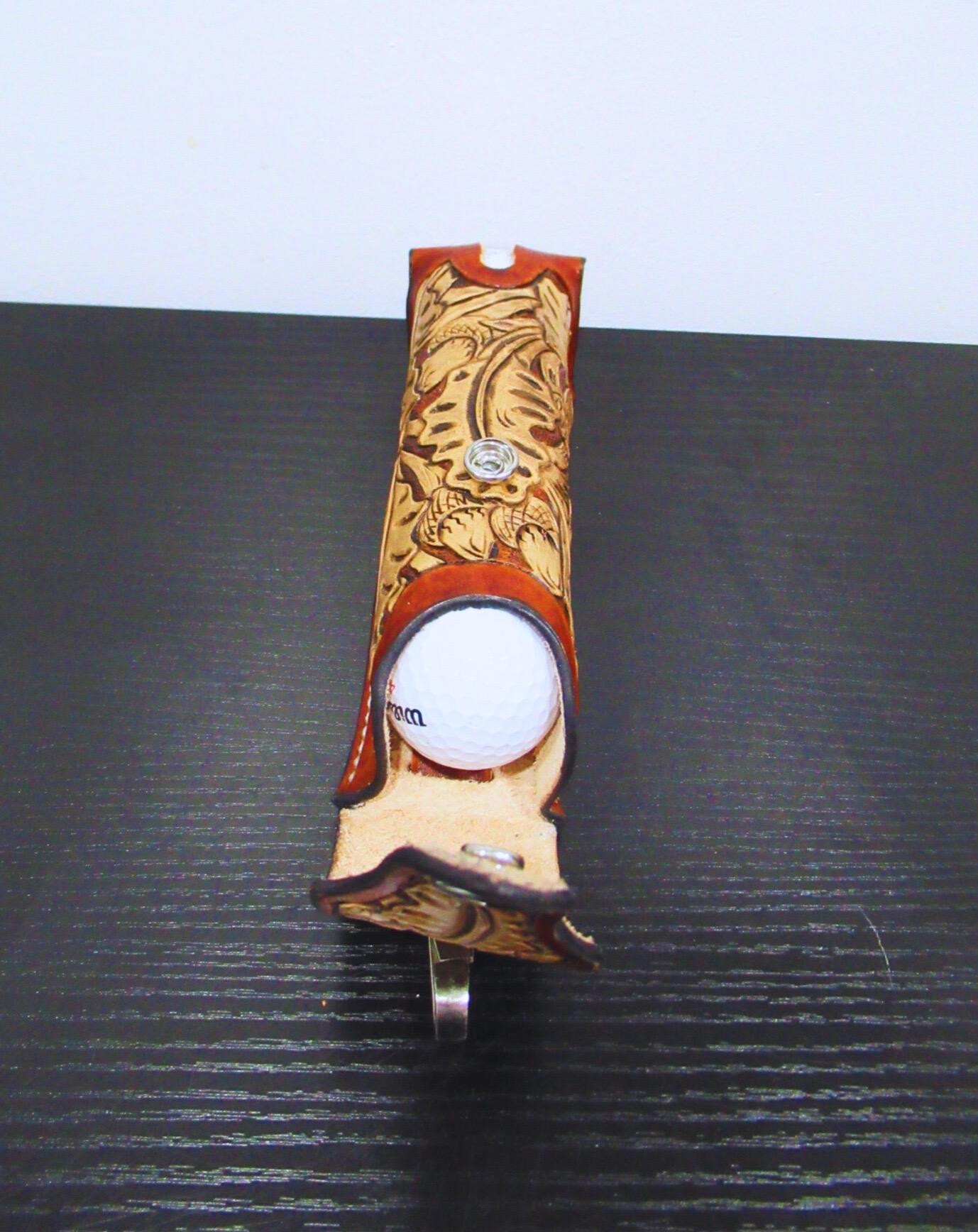 Leather Golf Ball Holder - Hand Made Golfer Gift - Tooled/Carved Leather - Tan