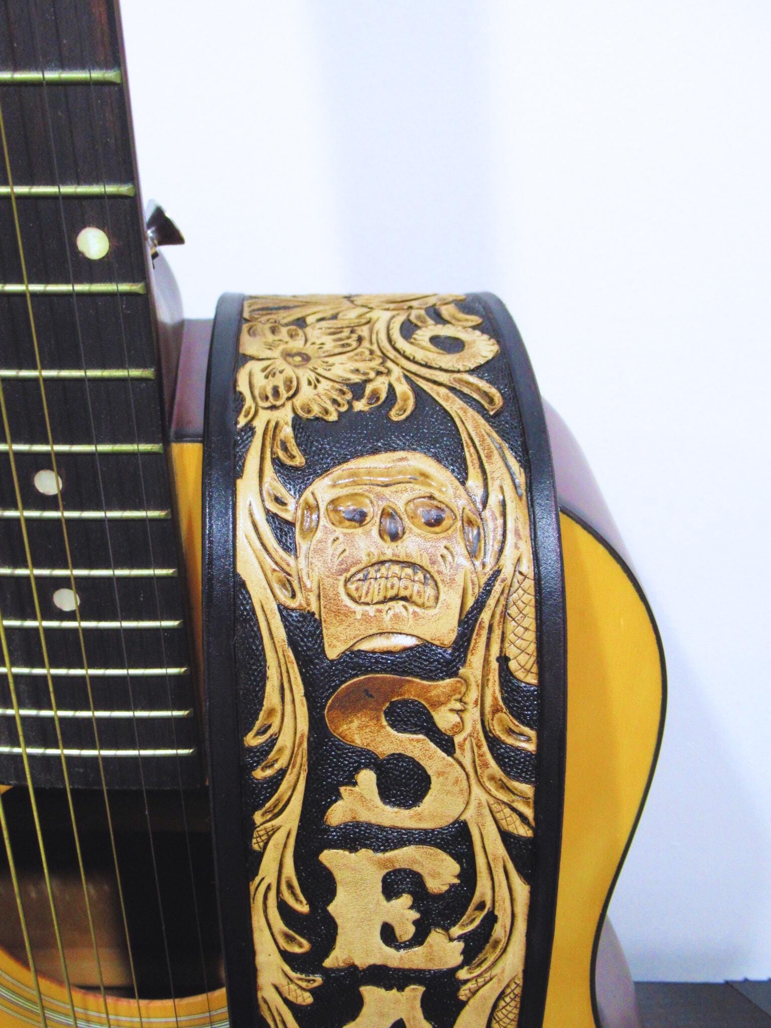 Handmade Leather Tooled Guitar Strap – Personalized Name, Bass or Banjo Strap