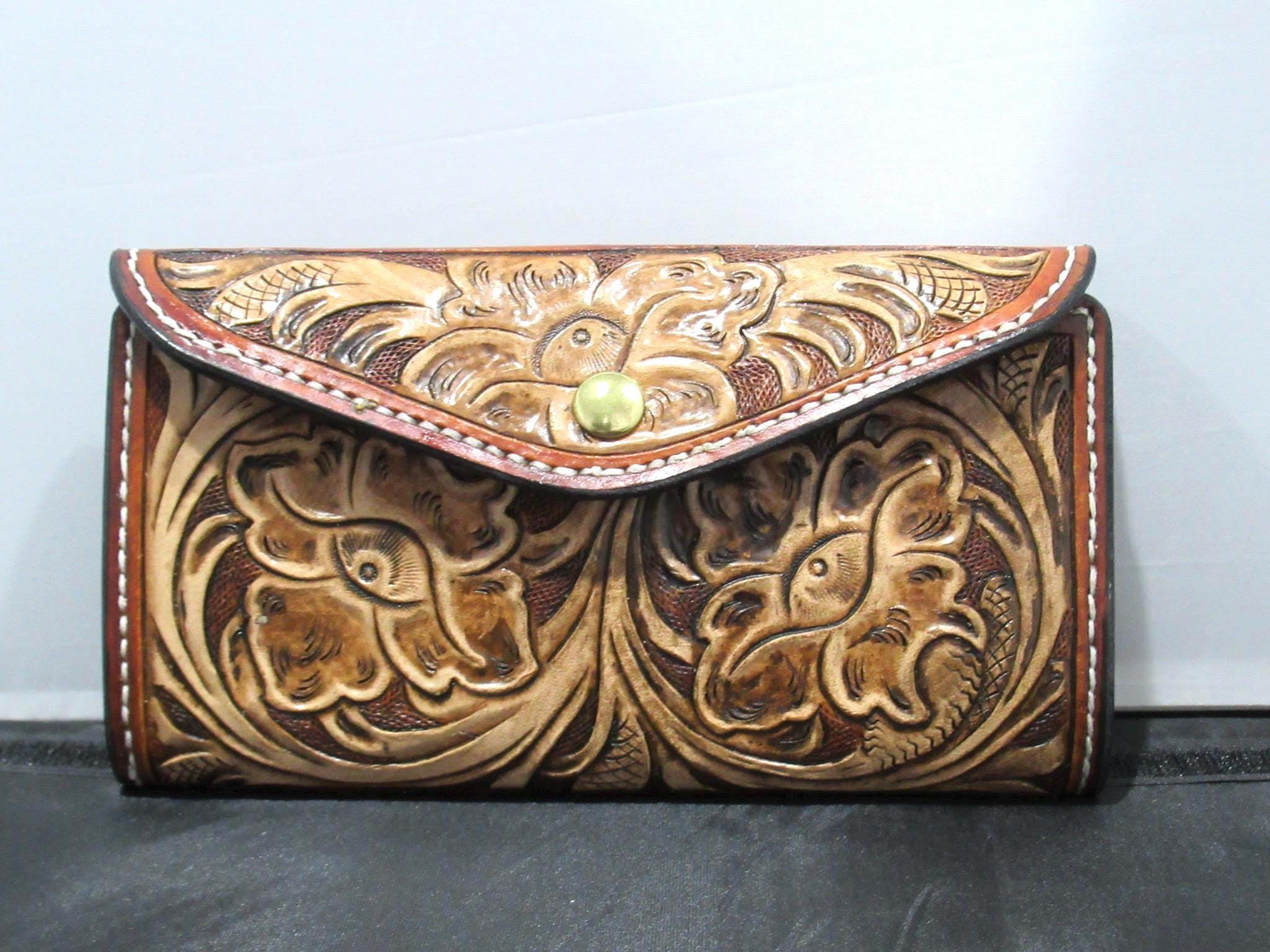 Handmade Leather Tooled Floral Purse - Tan