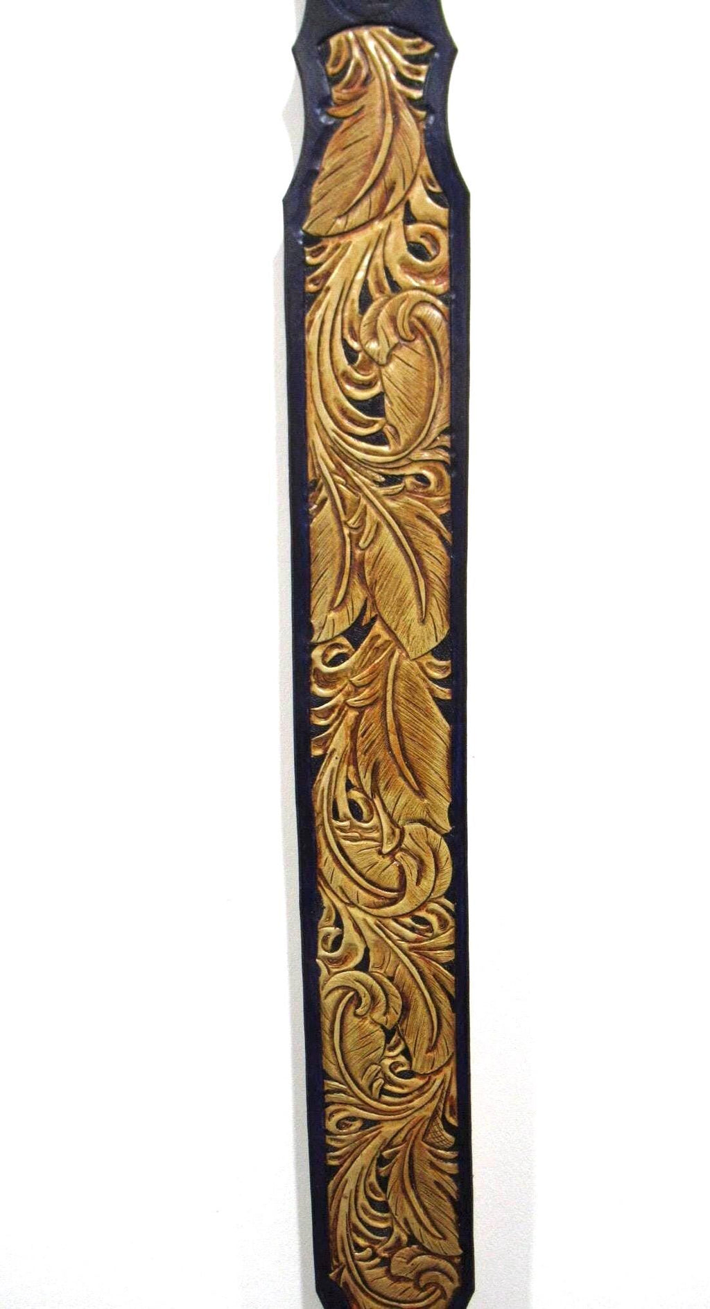 Handmade Leather Tooled Feather Guitar strap or Bass Strap Purple
