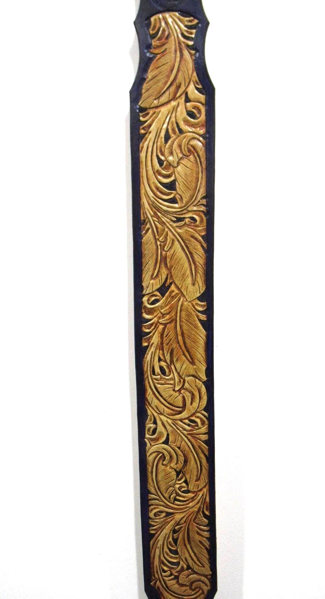 Handmade Leather Tooled Feather Guitar strap or Bass Strap Purple