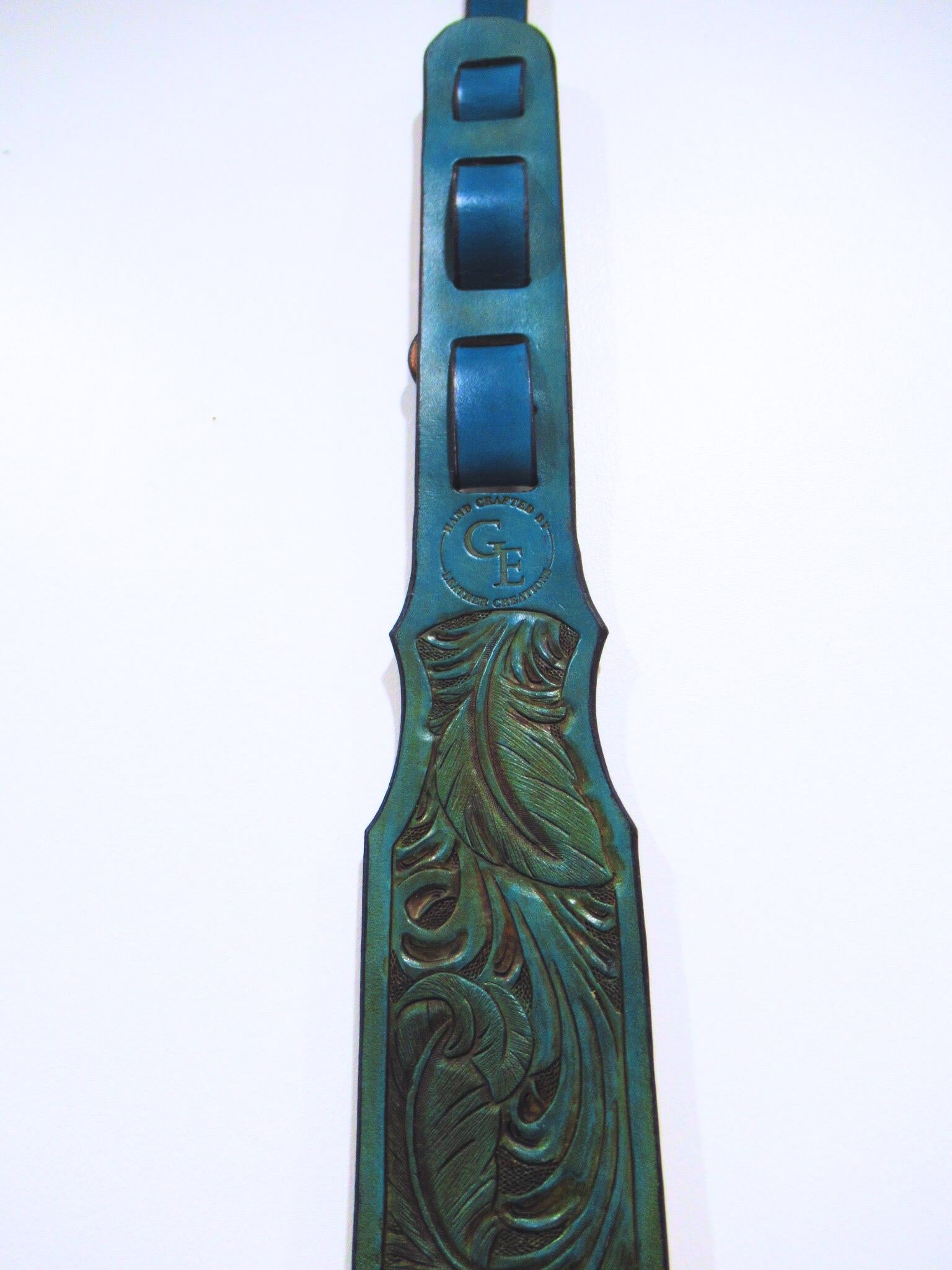 Handmade Leather Tooled Feather Guitar  Strap or Banjo Strap