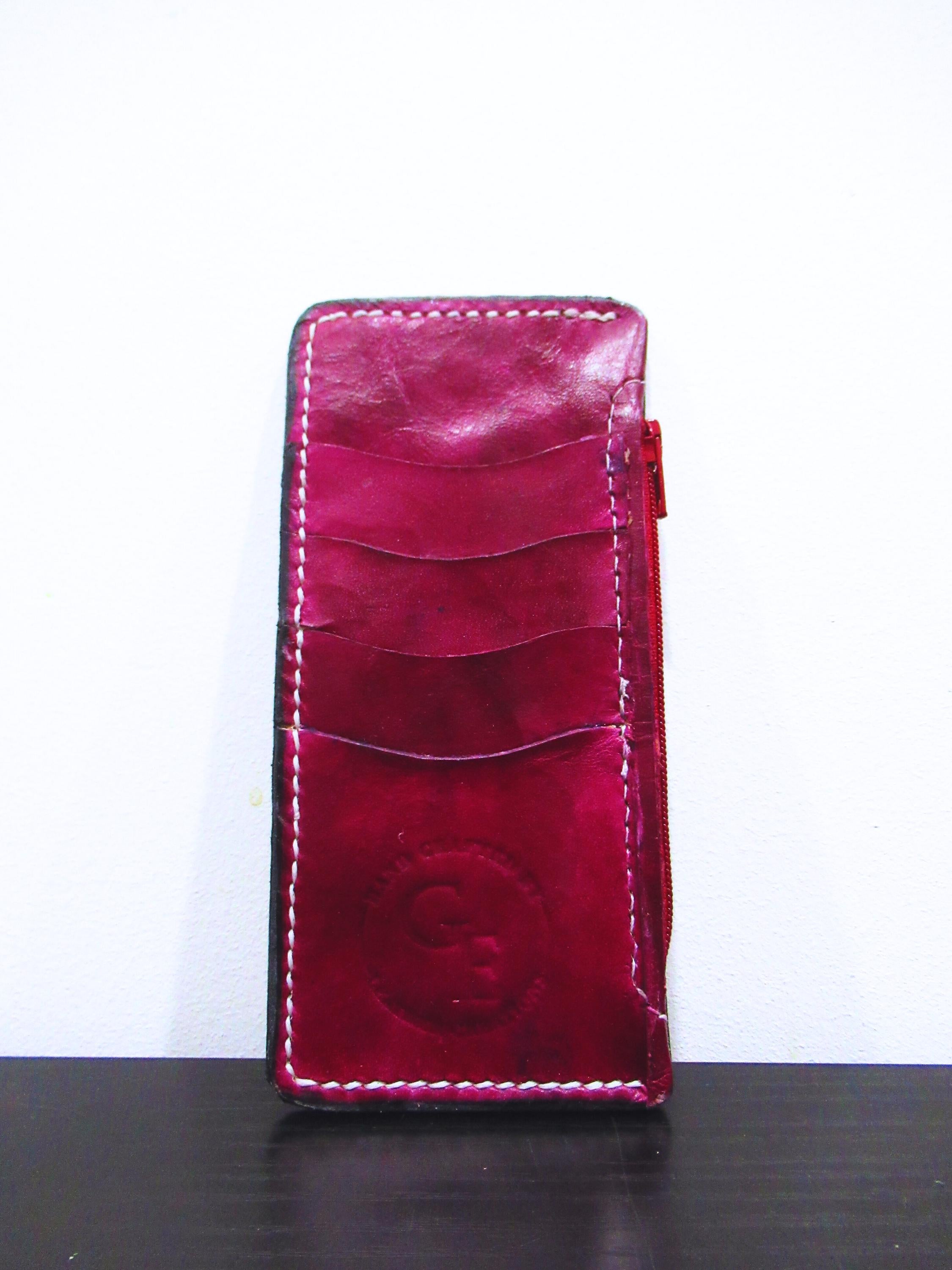 Handmade Leather Tooled Skull Purse Card Holder - Red